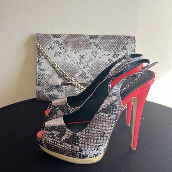 Aldo Platform Peep Toe Sling Back in Snakeskin w/ Red & Yellow w/ Clutch - Picture 3 of 5